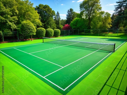 Freshly applied bright green tennis court chalk lines reflect sunlight, creating a vibrant and pristine playing photo