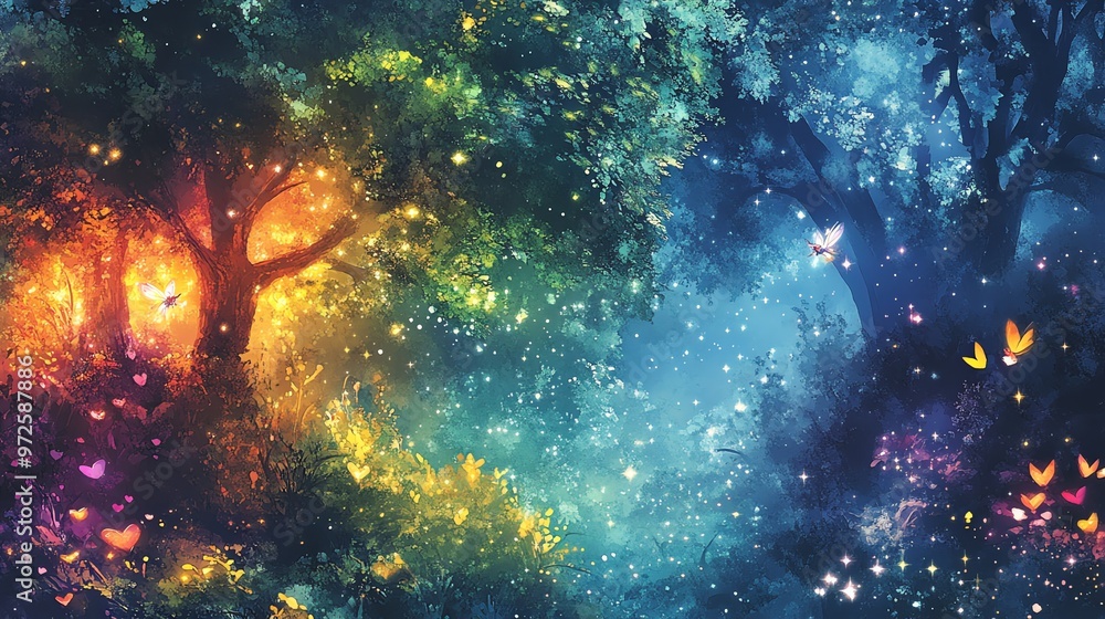 A mystical forest with glowing trees, flying butterflies, and sparkling lights. A mystical forest with glowing trees, flying butterflies, and sparkling lights.