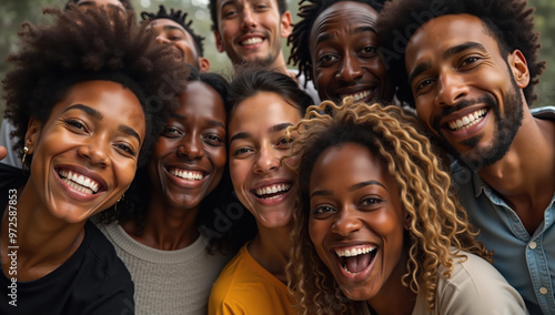 Happy group of diverse friends smiling together outdoors