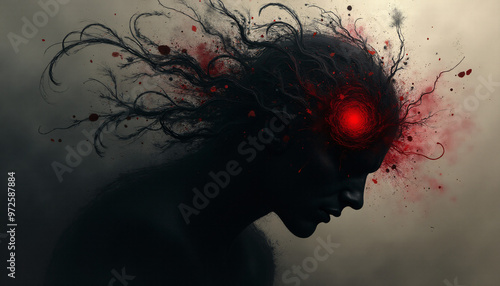 An abstract representation of a tormented mind, rendered in a dark and oppressive style