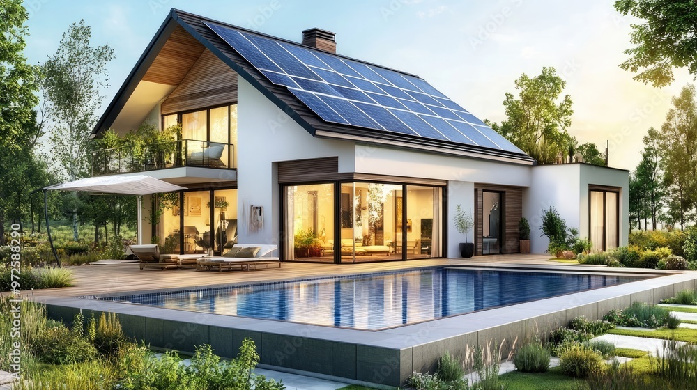 Fototapeta premium Exterior of beautiful modern house with solar panels on roof Luxury villa with terrace and swimming pool