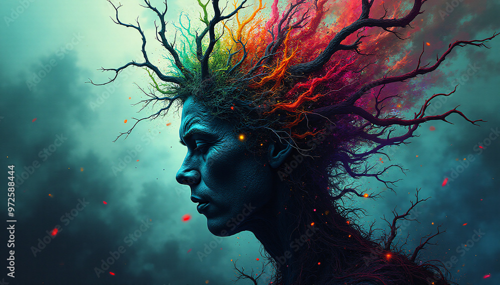 A vibrant yet unsettling portrait of a mind on the verge of collapse. The image features a chaotic landscape of twisted, jagged lines and fragmented geometric shapes, swirling in a kaleidoscope of vib A vibrant yet unsettling portrait of a mind on the verge of collapse. The image features a chaotic landscape of twisted, jagged lines and fragmented geometric shapes, swirling in a kaleidoscope of vib