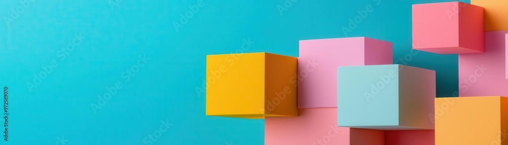 Fototapeta premium 3D render of multicolored blocks floating in space, sharp lighting, and vivid colors, giving a playful yet modern feel geometric blocks, playful