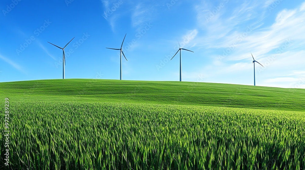 A field of green grass with wind turbines in the background. A field of green grass with wind turbines in the background.