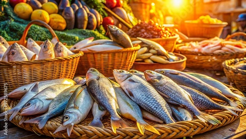 Freshly caught kangal fish arranged on a vibrant market stall, scales glistening in the sunlight, surrounded by baskets