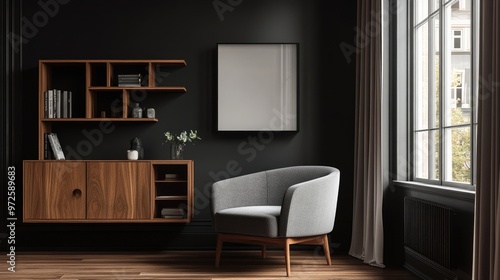 Wallpaper Mural Grey barrel chair against of window and wooden shelving unit and cabinet on dark wall Scandinavian style interior design of modern living room Torontodigital.ca