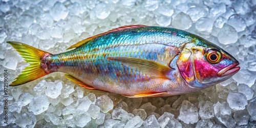 Freshly caught salema fish with iridescent scales and vibrant colors lie arranged on a bed of crushed ice, photo