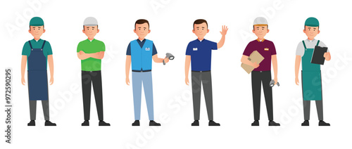 Simple flat shop assistant retail worker vector character in a set of multiple uniforms. Easy to edit and isolated on a white background.