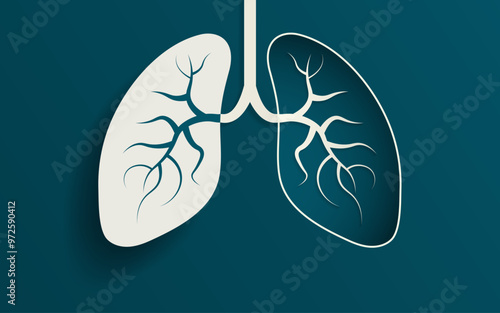 Simple 3D Paper Cut out Illustration of the human lungs. Left lung popped out above surface with shadow, right lung hollowed into background with floating lung bronchus. No text with copy space.