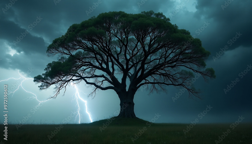 A majestic, towering tree stands defiant against a stormy sky. A majestic, towering tree stands defiant against a stormy sky.