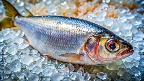 Freshly caught silver hilsa fish lies on a bed of crushed ice, its shimmering scales and vibrant eyes photo