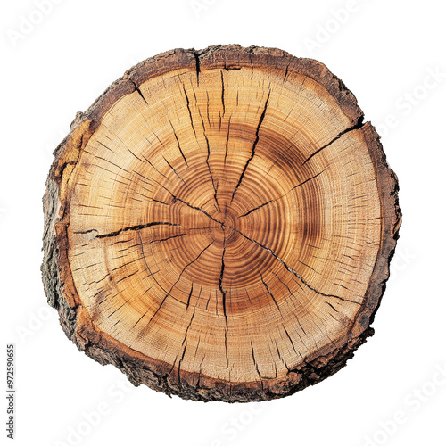Top view of a tree stump slice isolated on transparent background. Crosscut of a beautiful wood grain. Closeup of wooden surface texture.