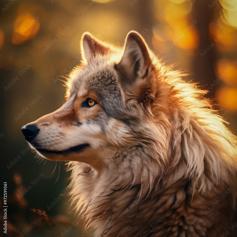 A striking portrait of a wolf, bathed in warm golden light, set against a serene forest background, highlighting its wild beauty and strength A striking portrait of a wolf, bathed in warm golden light, set against a serene forest background, highlighting its wild beauty and strength