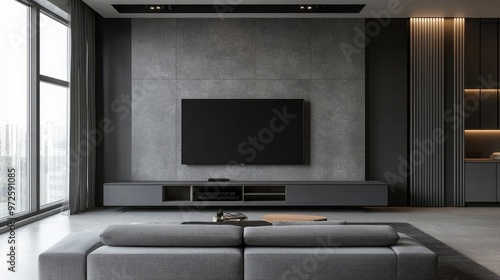 Grey sofa against tv unit Minimalist interior design of modern living room, home