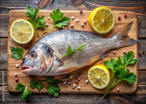 Freshly caught tanigue fish with silver scales and pinkish-gray flesh, lying on a wooden cutting board, surrounded by photo