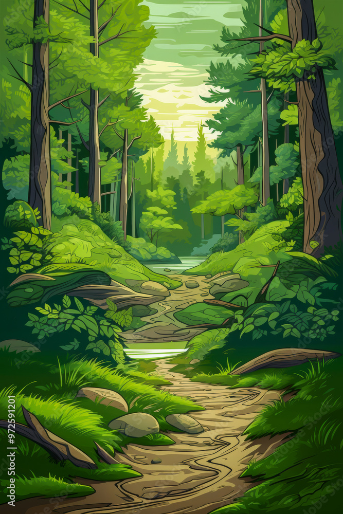 Vibrant illustration of a serene forest filled with tall trees, lush greenery, and a winding stream, capturing the peaceful beauty of nature Vibrant illustration of a serene forest filled with tall trees, lush greenery, and a winding stream, capturing the peaceful beauty of nature