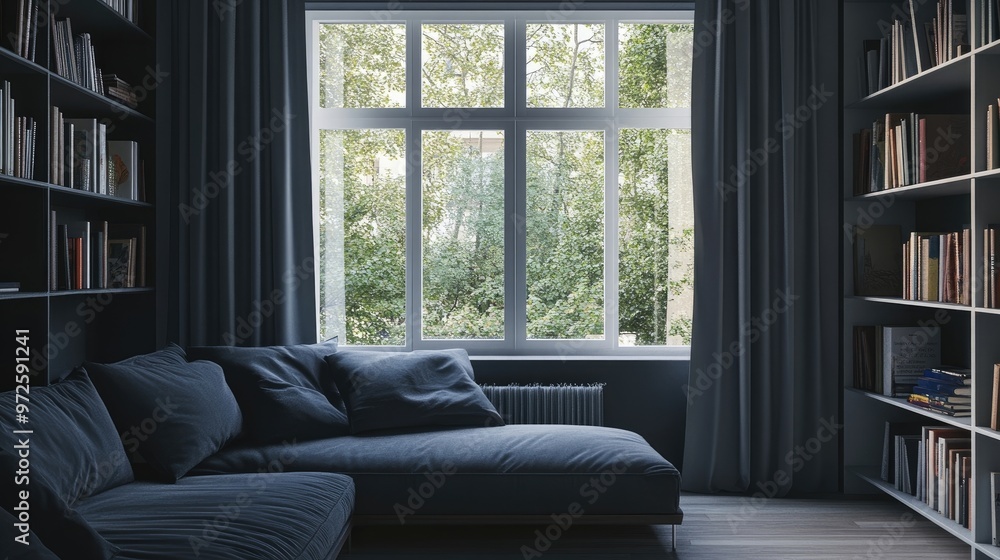 Fototapeta premium Grey sofa against window and book shelving unit Scandinavian home interior design of modern living room