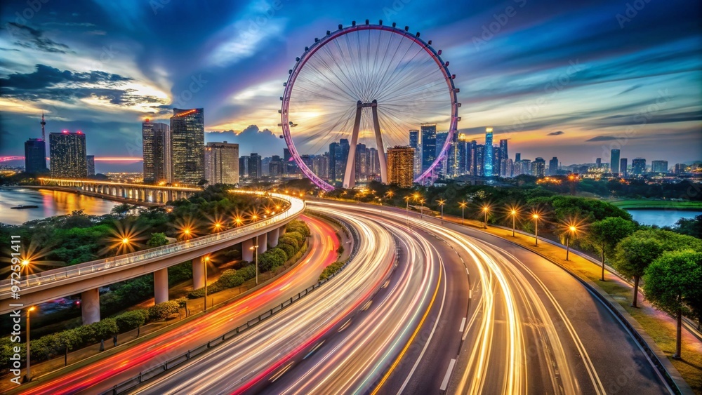 Fototapeta premium A long exposure shot of traffic or the Singapore Flyer creates a sense of movement.