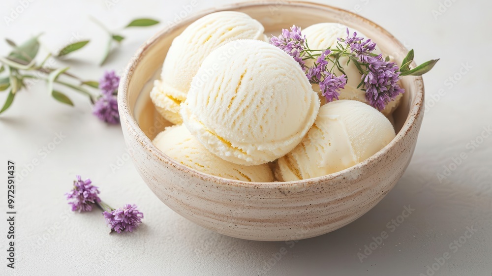 Artisanal ice cream with edible flowers, beautifully presented dessert in a handmade bowl, Gourmet ice cream, floral garnish Artisanal ice cream with edible flowers, beautifully presented dessert in a handmade bowl, Gourmet ice cream, floral garnish