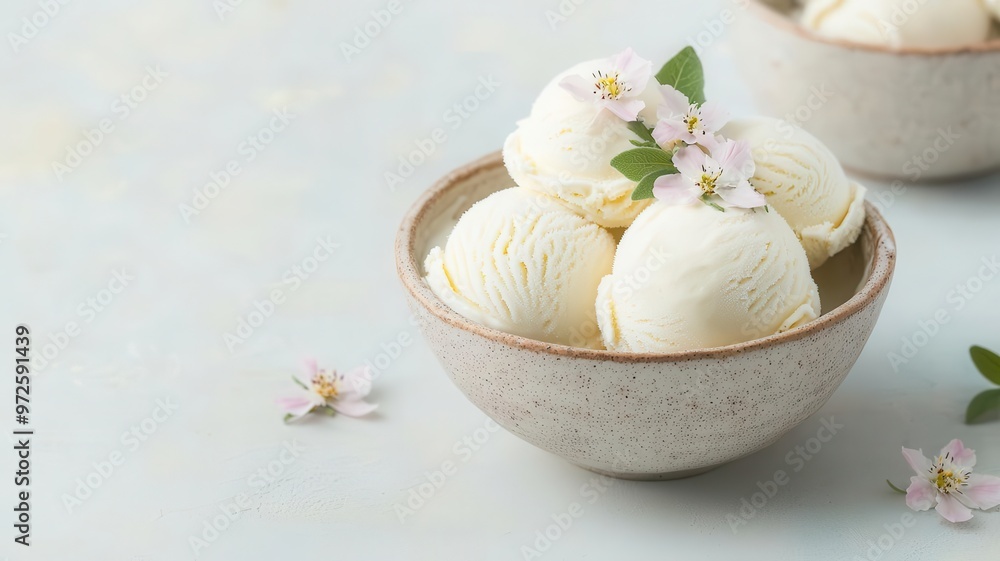 Artisanal ice cream with edible flowers, beautifully presented dessert in a handmade bowl, Gourmet ice cream, floral garnish Artisanal ice cream with edible flowers, beautifully presented dessert in a handmade bowl, Gourmet ice cream, floral garnish