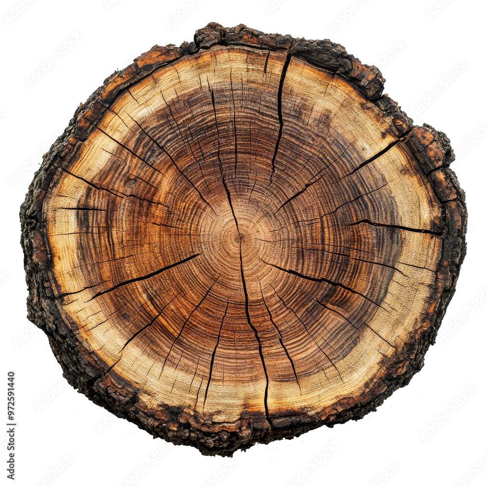 Fototapeta premium Top view of a tree stump slice isolated on transparent background. Crosscut of a beautiful wood grain. Closeup of wooden surface texture.