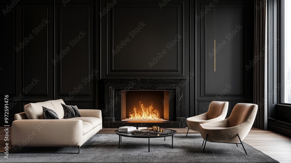 Fototapeta premium Grey sofa and beige chair against fireplace Classic home interior design of modern living room with dark wall