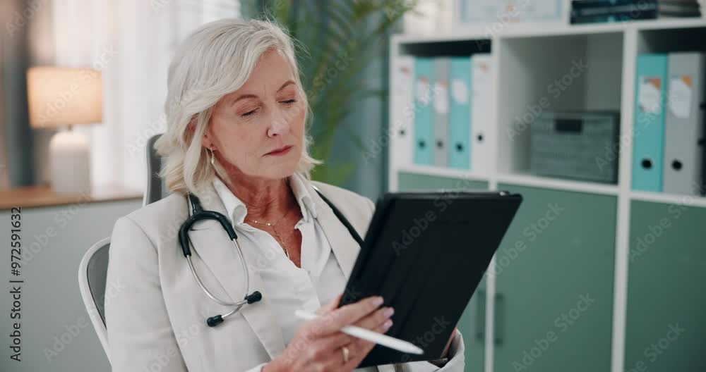 Doctor, serious and woman with tablet, office and reading of results, telehealth and planning for solution. Hospital, medical professional and information on app, healthcare and mature person Doctor, serious and woman with tablet, office and reading of results, telehealth and planning for solution. Hospital, medical professional and information on app, healthcare and mature person