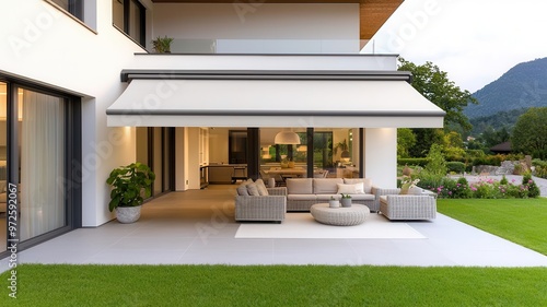Contemporary patio with retractable awning, offering shade for a chic outdoor lounge area, Modern home design, comfort