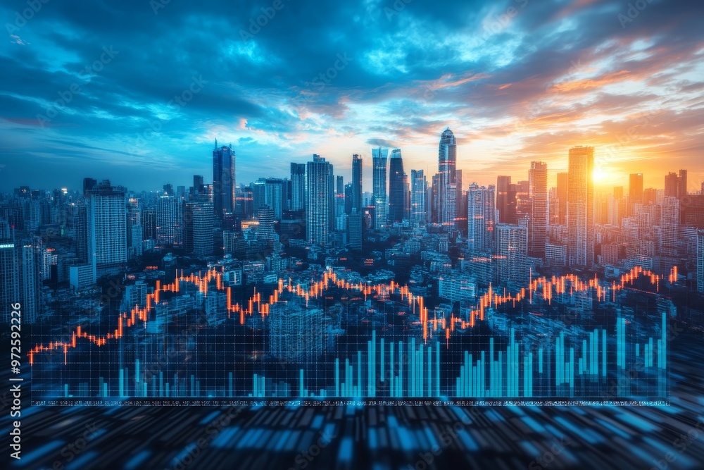 Fototapeta premium Modern Cityscape With Stock Market Analysis Data, Financial Growth And Investment Concept.