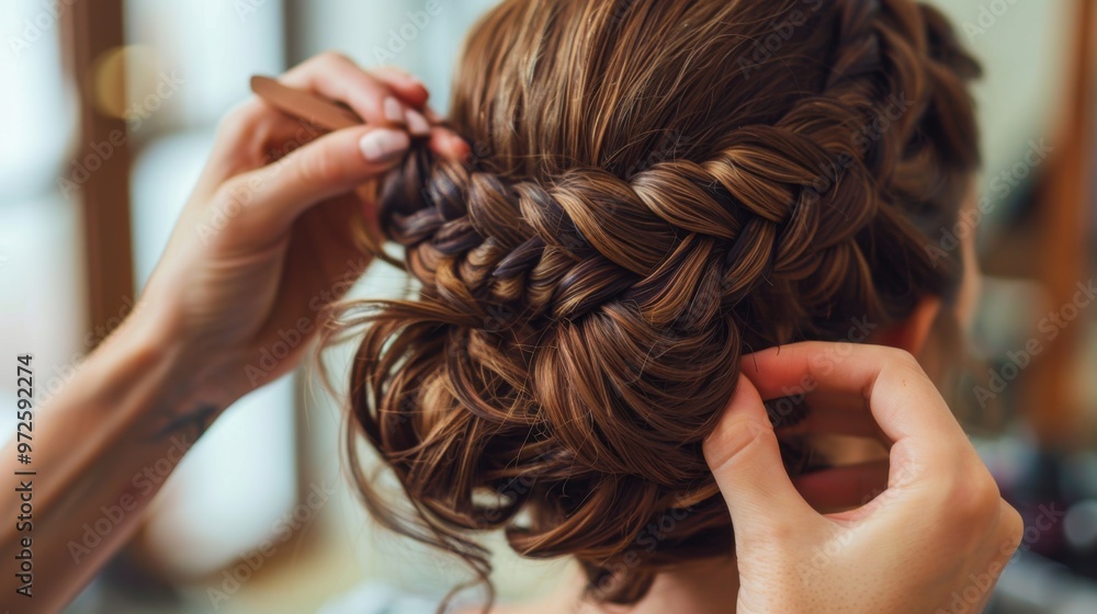 Naklejka premium A woman is getting her hair braided into an intricate updo by a stylist, likely in preparation for a wedding. The womans hair is brown and wavy, and the stylist is carefully weaving the braid