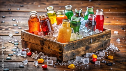 Freshly opened cardboard container filled with ice and assorted colorful carbonated beverages, surrounded by photo