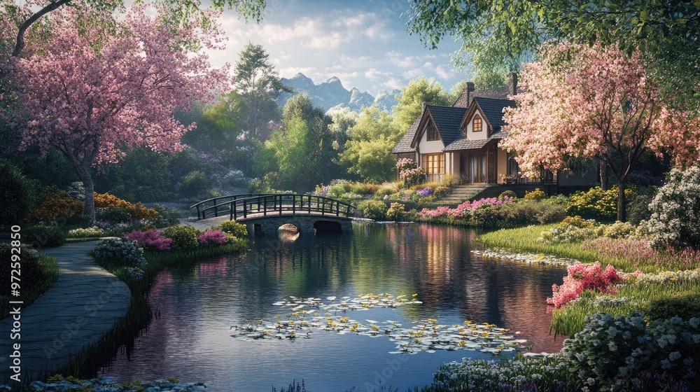 A tranquil pond with blooming flowers, a small bridge crossing over it, and a cozy house in the background, capturing serenity. A tranquil pond with blooming flowers, a small bridge crossing over it, and a cozy house in the background, capturing serenity.