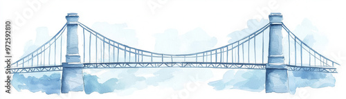 Suspension bridge, tension cables and pillars, engineering marvel, Watercolor style