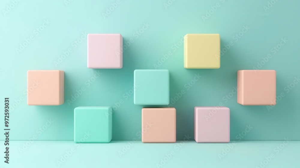 Floating geometric blocks with smooth surfaces in soft pastel tones, abstract composition with subtle lighting geometric blocks, pastel Floating geometric blocks with smooth surfaces in soft pastel tones, abstract composition with subtle lighting geometric blocks, pastel