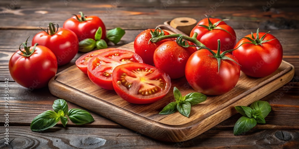 Freshly sliced ripe tomatoes arranged on a rustic wooden cutting board, showcasing vibrant red colors and juicy texture Freshly sliced ripe tomatoes arranged on a rustic wooden cutting board, showcasing vibrant red colors and juicy texture