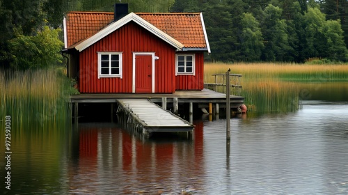 Picturesque Red Cottage on Stilts by the Lake, Surrounded by Lush Greenery and Reflections.