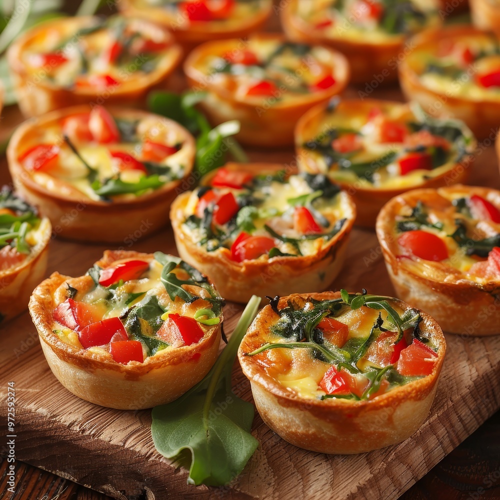 Delicious Savory Tarts with Spinach, Tomatoes, and Cheese, Freshly Baked on a Rustic Wooden Board. Delicious Savory Tarts with Spinach, Tomatoes, and Cheese, Freshly Baked on a Rustic Wooden Board.