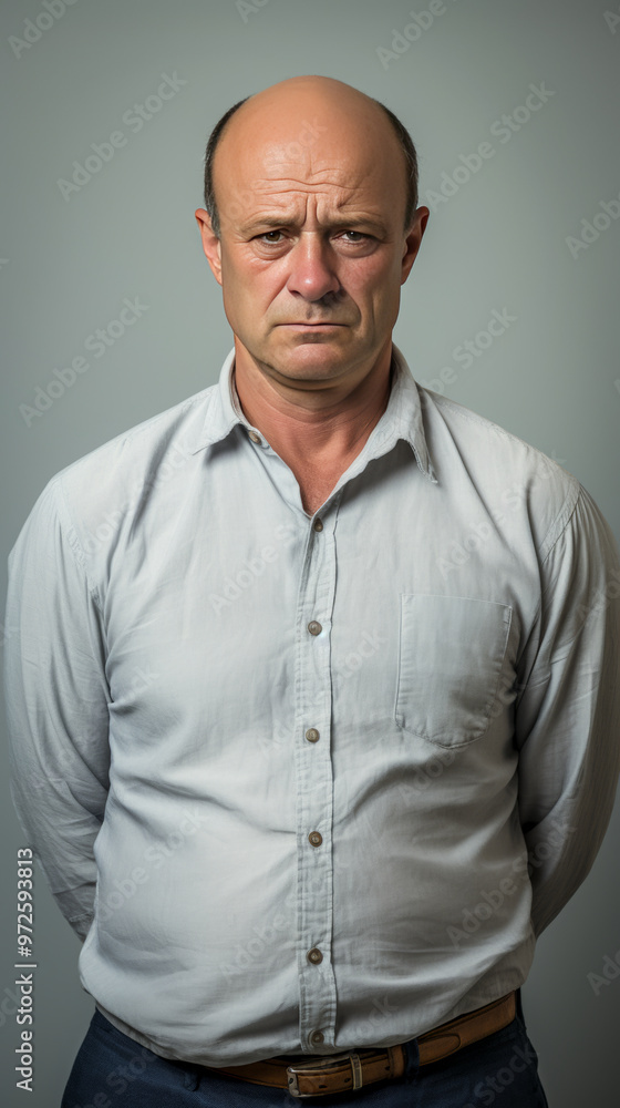 Portrait of a middle-aged bald man wearing a formal shirt, standing with a serious expression against a neutral background Portrait of a middle-aged bald man wearing a formal shirt, standing with a serious expression against a neutral background