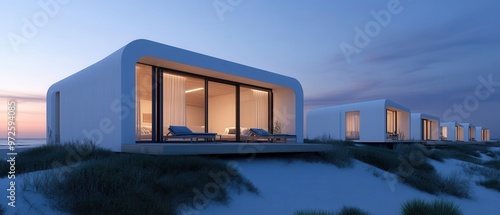  A modern beach house at dusk, showcasing contemporary architecture with large windows and serene surroundings.