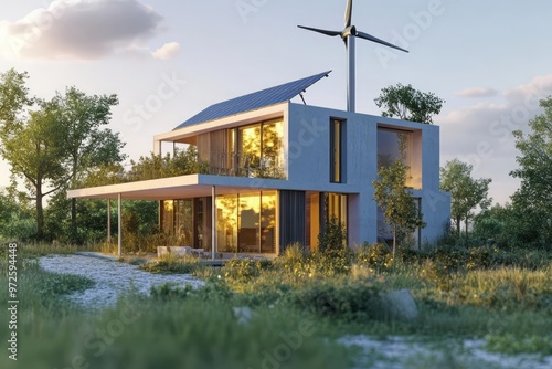 Modern, green-building home, solar panels, wind turbines, renewable energy, low-impact construction photo