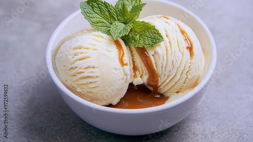 Hand-scooped ice cream in a bowl, garnished with mint leaves and caramel sauce, Artisanal dessert, homemade ice cream photo