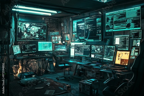 A depiction of a cyber criminal's underground lair, with stolen data, multiple screens, and sophisticated hacking tools, representing the dark side of the internet photo