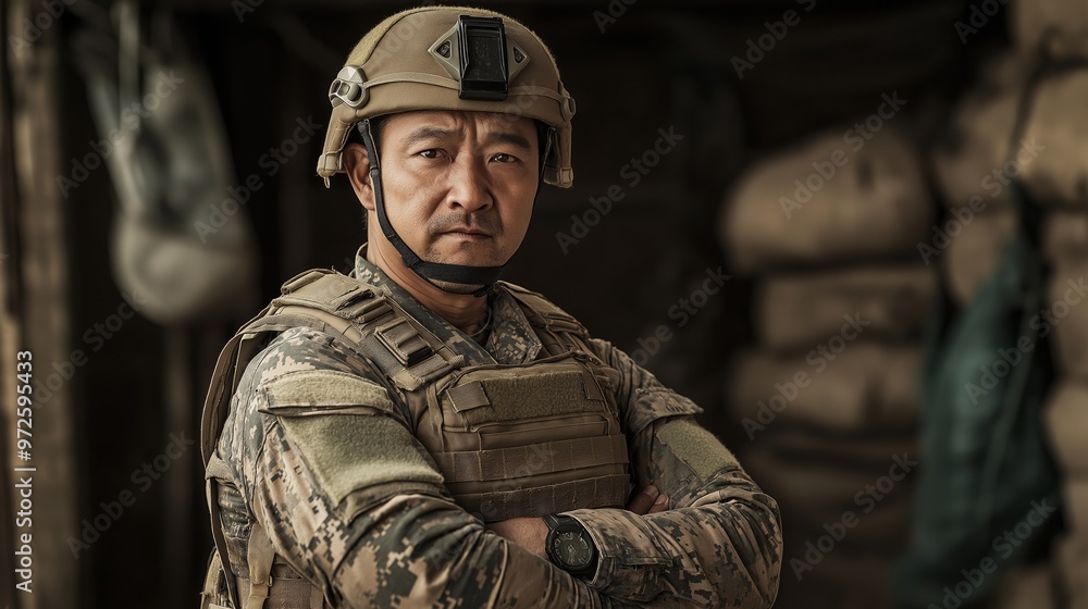Central Asian Soldier in Military Gear Posing Confidently for Stock Photo Use in Defense, Training, or Recruitment Campaigns Central Asian Soldier in Military Gear Posing Confidently for Stock Photo Use in Defense, Training, or Recruitment Campaigns