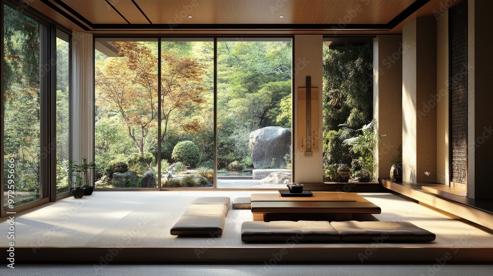 Fototapeta premium Japanese zen interior design of modern living room, home