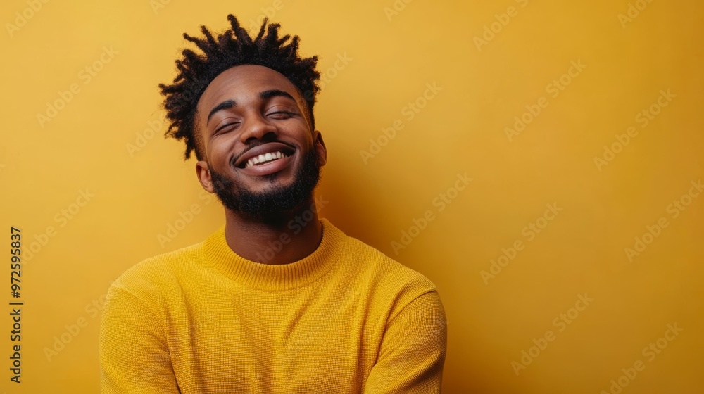 A young man in a yellow sweater is smiling contentedly against a bright yellow background, symbolizing happiness and positivity ideal for use in marketing, mental health, or lifestyle content, A young man in a yellow sweater is smiling contentedly against a bright yellow background, symbolizing happiness and positivity ideal for use in marketing, mental health, or lifestyle content,