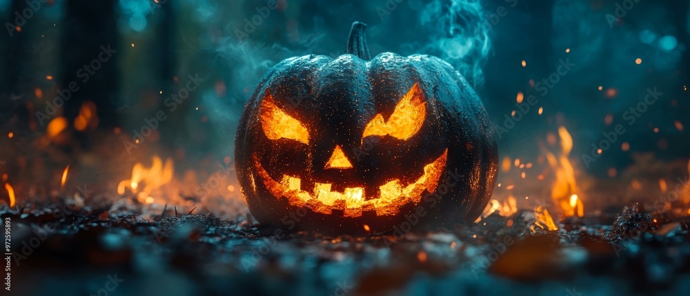 A glowing jack-o'-lantern in a dark forest setting, surrounded by scattered flames and embers, evokes a spooky Halloween atmosphere, Ideal for holiday-themed content, party invitations A glowing jack-o'-lantern in a dark forest setting, surrounded by scattered flames and embers, evokes a spooky Halloween atmosphere, Ideal for holiday-themed content, party invitations
