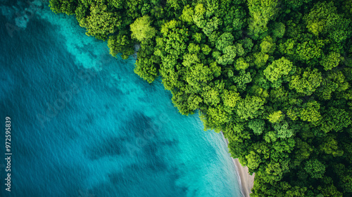 Capturing a sunny day from above, this aerial image shows turquoise ocean meeting lush forest, blending blue and green in a stunning landscape photo