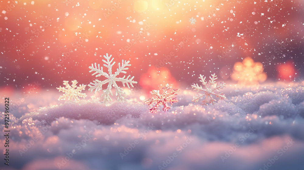 Festive Snow Scene with Red Snowflakes and Bokeh Lights Festive Snow Scene with Red Snowflakes and Bokeh Lights