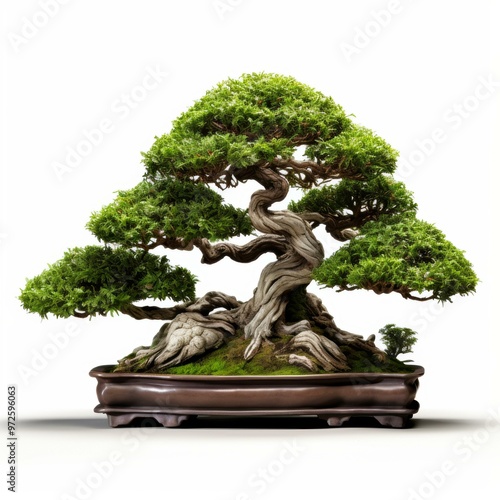 A beautifully detailed image of a bonsai tree in a sleek dark planter, perfect for illustrating concepts of zen, natural beauty, and mindfulness in various editorial, lifestyle, or design projects,