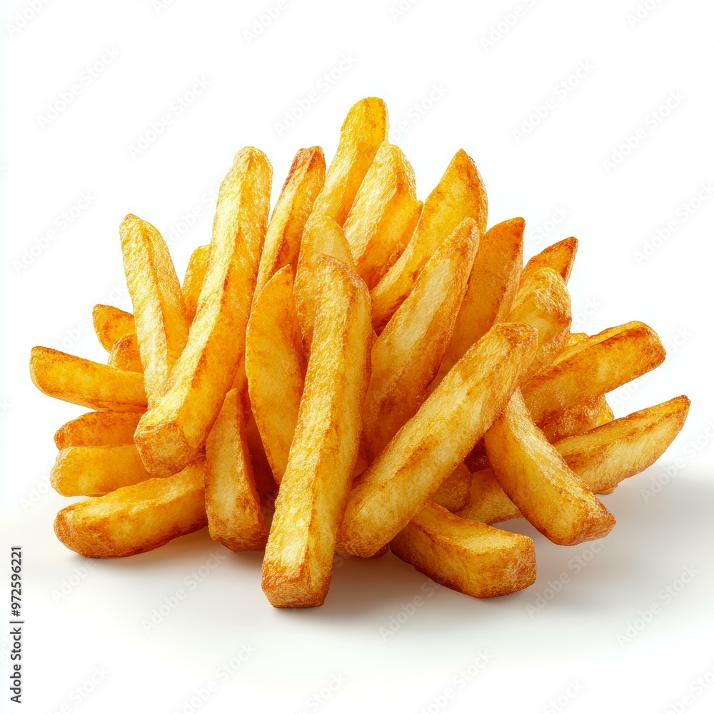 A pile of golden, crispy French fries on a white background, perfect for food blogs, advertisements, menus, or social media posts about fast food or snacks, A pile of golden, crispy French fries on a white background, perfect for food blogs, advertisements, menus, or social media posts about fast food or snacks,